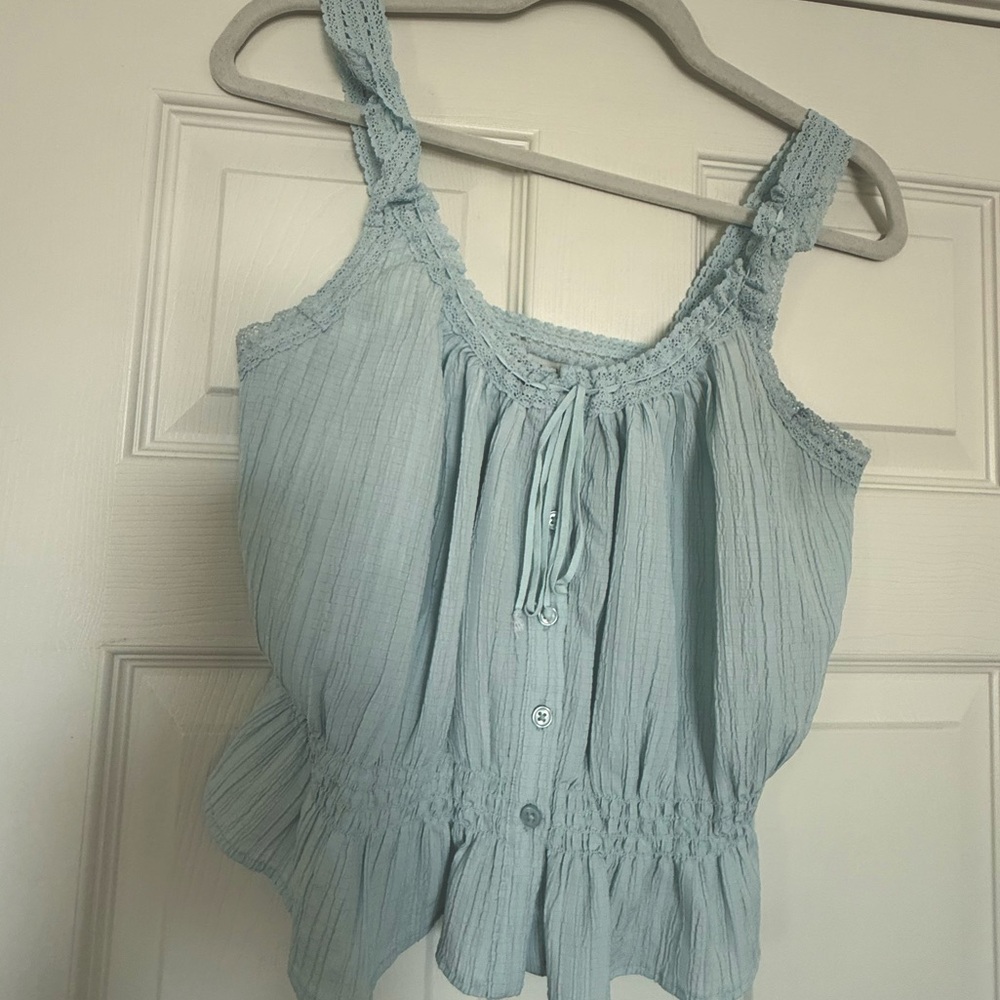 American Eagle Blue Crochet Lace Tank Top Peplum Tie Front Size M